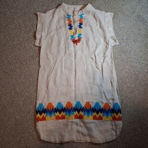 Uncle Frank Dress Small Cream Tribal Boho Pattern Linen